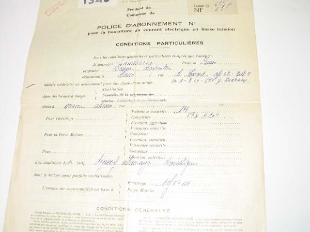  Collection ASPEG, pièce numéro 1346 : Police d'abonnement avec reçu