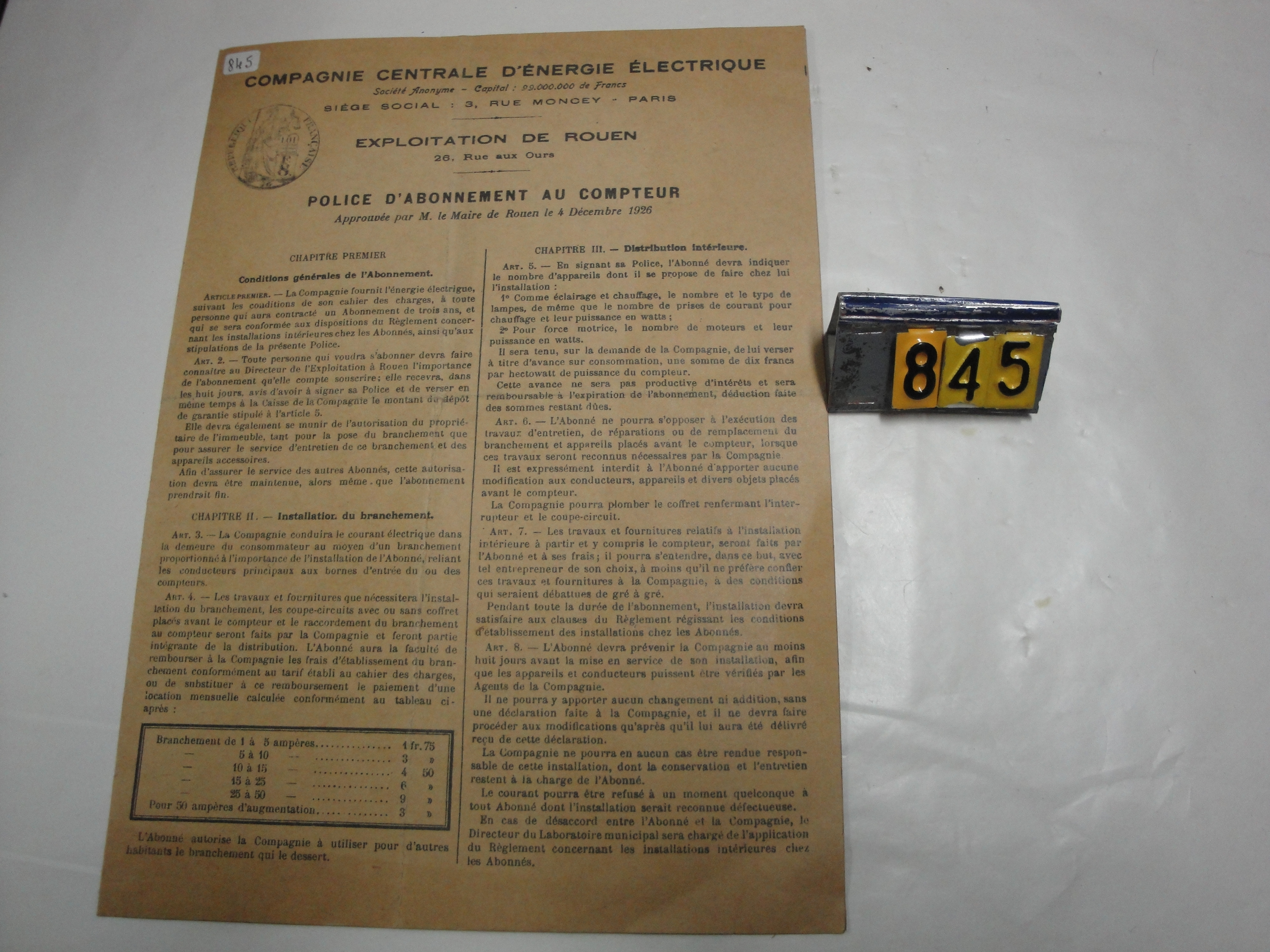 Collection ASPEG, pièce numéro 845 : Police d'abonnement aux compteurs,26 rue aux ours